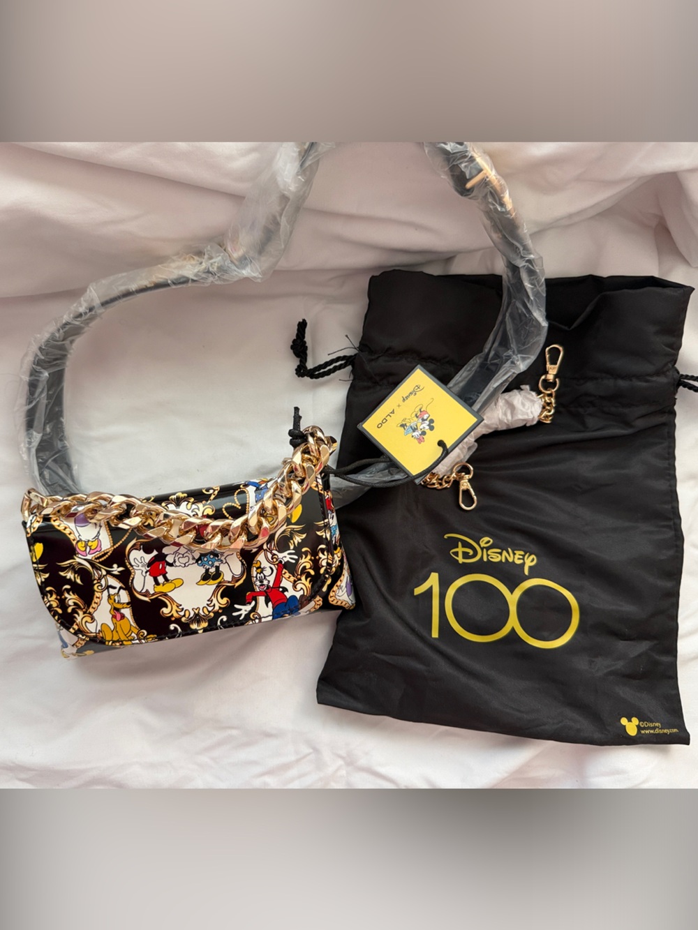 ALDO Black and Gold Mickey Print Chain belt bag/cross body 100 years collection